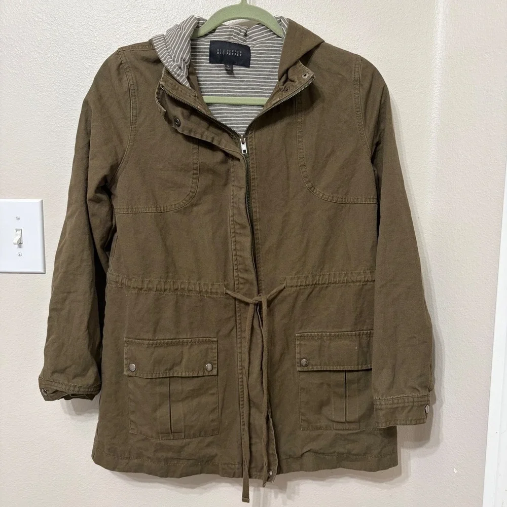 Blu Pepper Womens Olive Green Utility Anorak Hooded Jacket Small Striped Lining